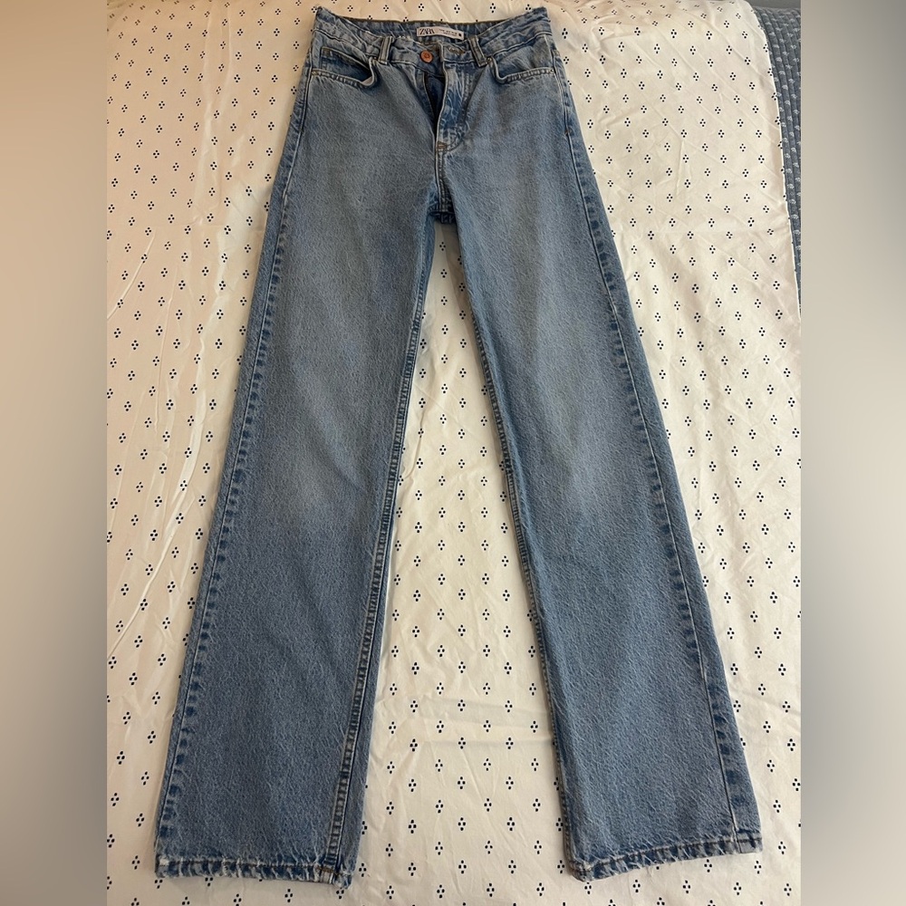 ZARA NEW WOMAN HIGH RISE Z1975 STRAIGHT LEG JEANS MID-BLUE 6147/022